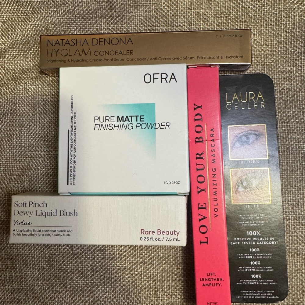 Natasha Denona Concealer, OFRA Powder, Rare Beauty Blush& Laura Geller mascara